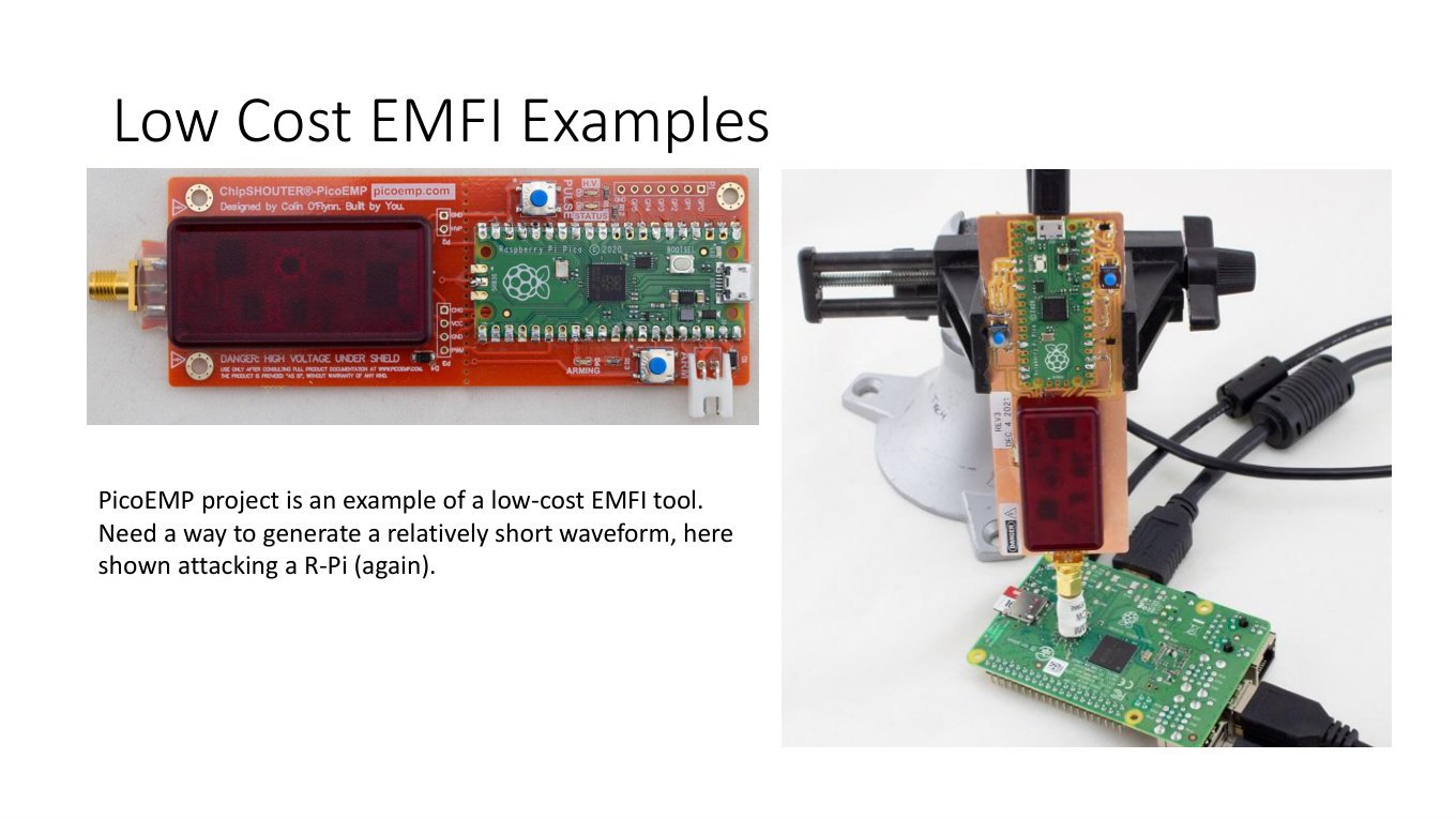 PicoEMP, a low-cost electromagnetic fault injection tool built on a Raspberry Pi Pico, shown aimed at a Raspberry Pi