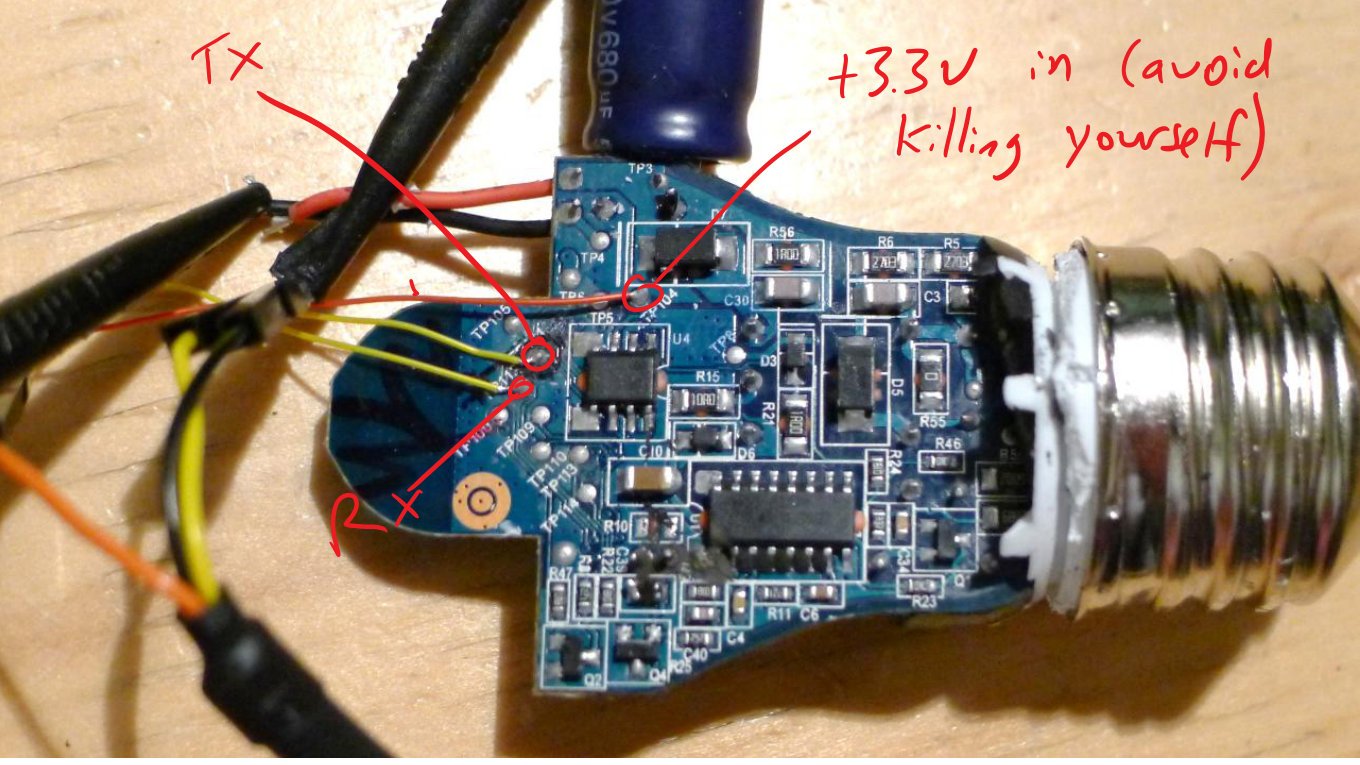 The inside of a smart bulb with wires soldered on, hand-annotated: TX, RX, and “+3.3V in (avoid killing yourself)”